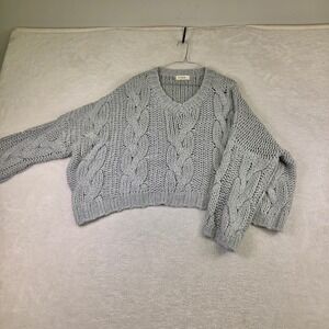 C'isa Grey Cable Knit V-Neck Cropped Oversized Sweater Small